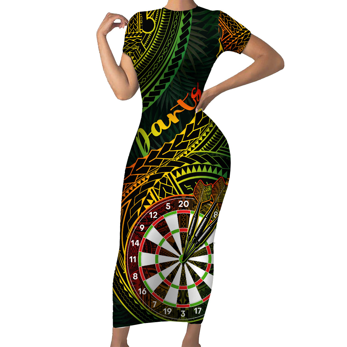 Personalised Polynesian Darts Family Matching Short Sleeve Bodycon Dress and Hawaiian Shirt Dart Lovers Tribal Pattern Mix Tropical Leaves - Wonder Print Shop