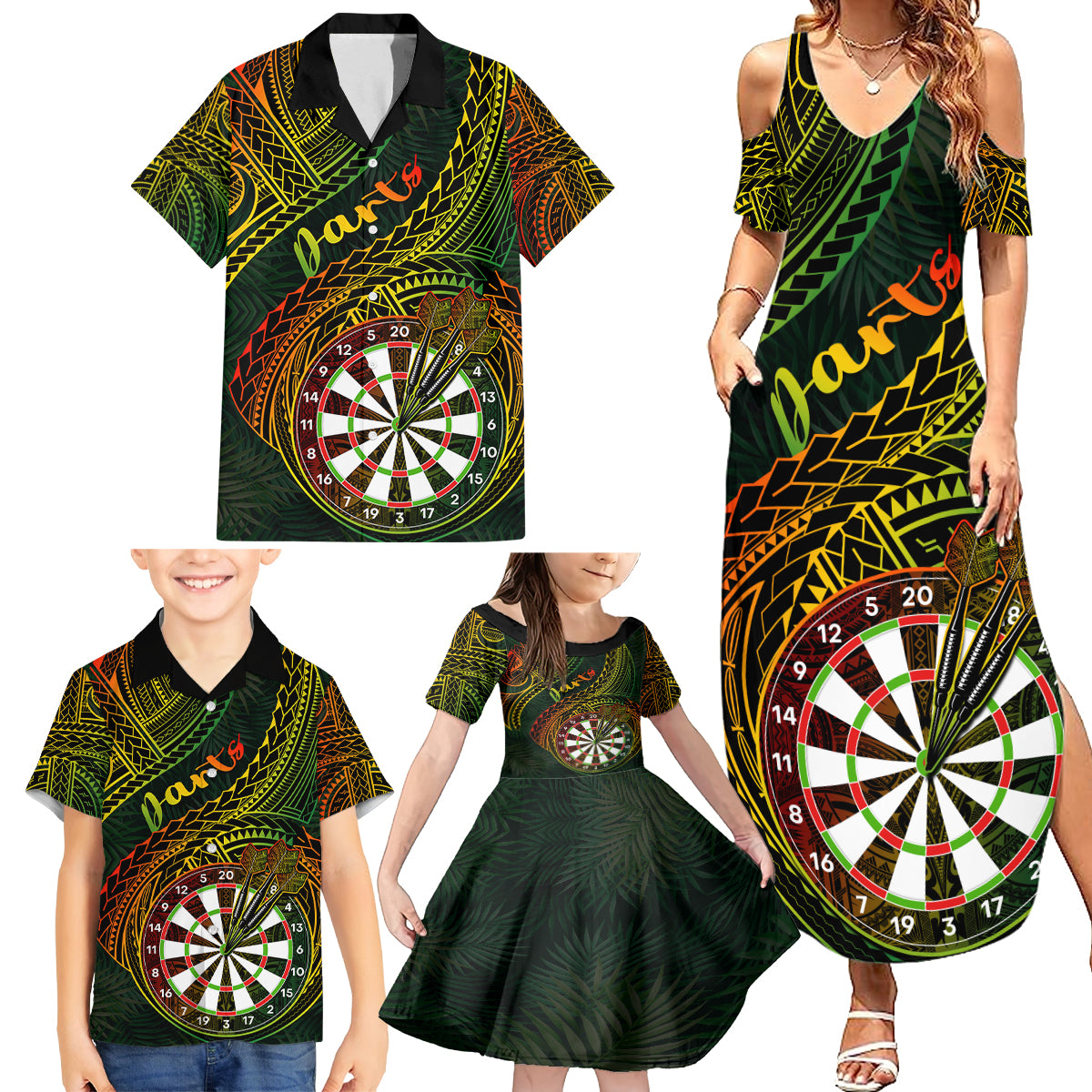 Personalised Polynesian Darts Family Matching Summer Maxi Dress and Hawaiian Shirt Dart Lovers Tribal Pattern Mix Tropical Leaves - Wonder Print Shop