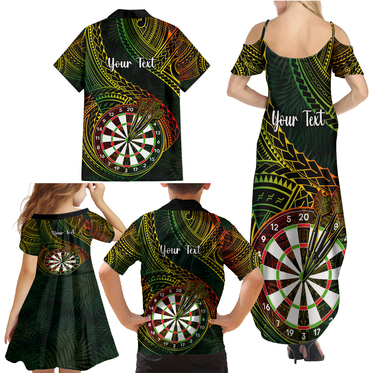 Personalised Polynesian Darts Family Matching Summer Maxi Dress and Hawaiian Shirt Dart Lovers Tribal Pattern Mix Tropical Leaves - Wonder Print Shop