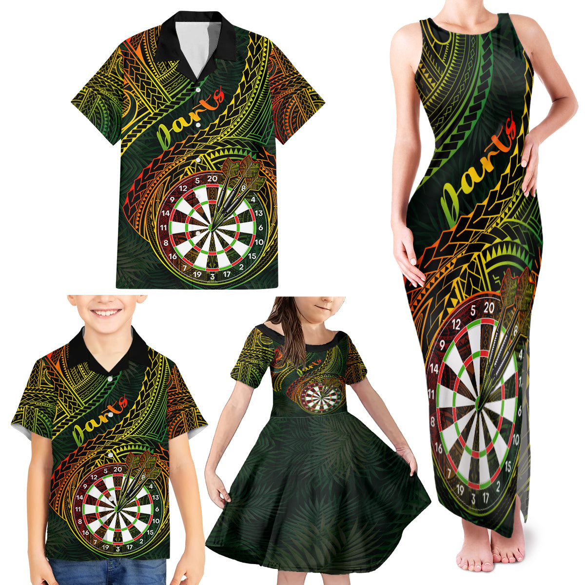 Personalised Polynesian Darts Family Matching Tank Maxi Dress and Hawaiian Shirt Dart Lovers Tribal Pattern Mix Tropical Leaves - Wonder Print Shop