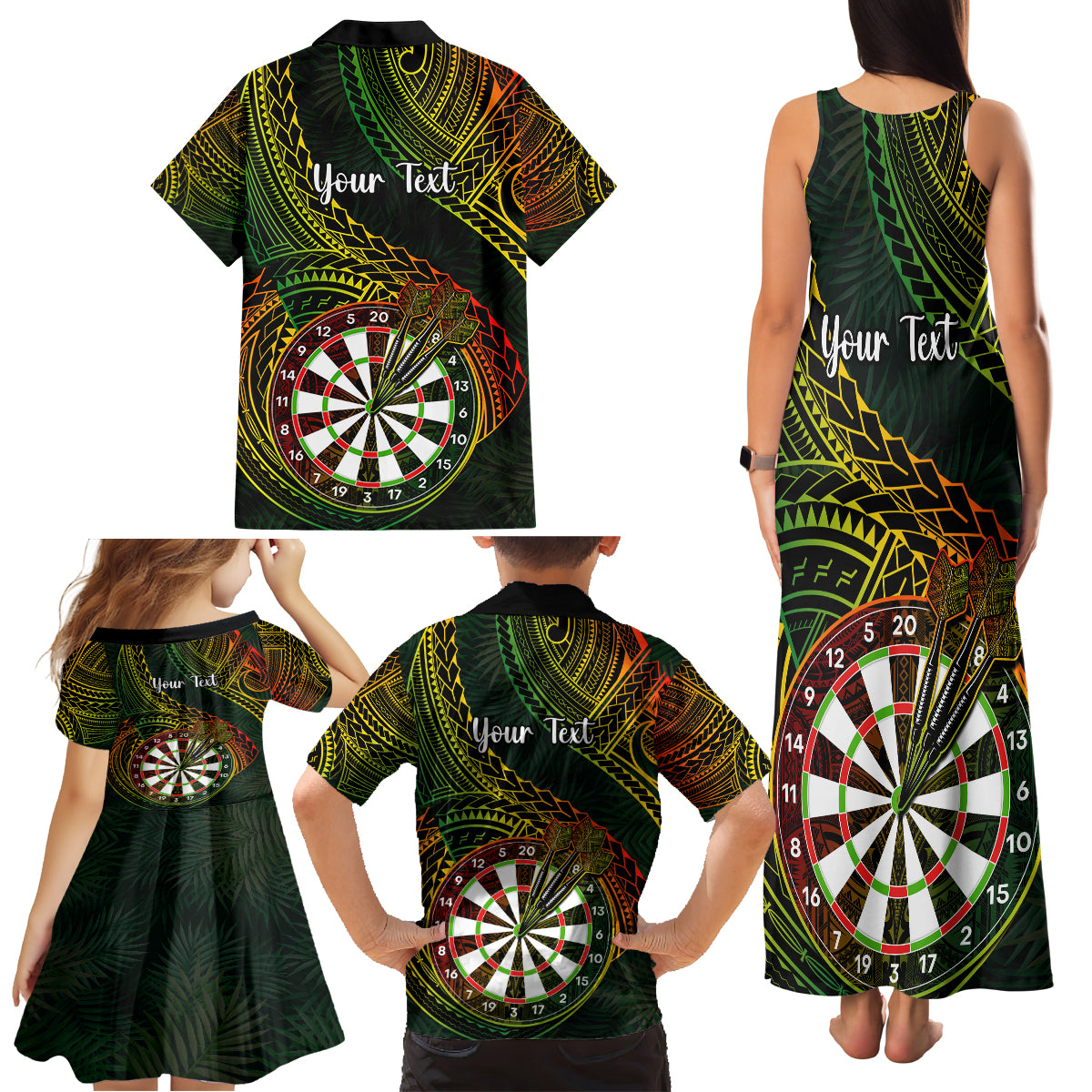 Personalised Polynesian Darts Family Matching Tank Maxi Dress and Hawaiian Shirt Dart Lovers Tribal Pattern Mix Tropical Leaves - Wonder Print Shop