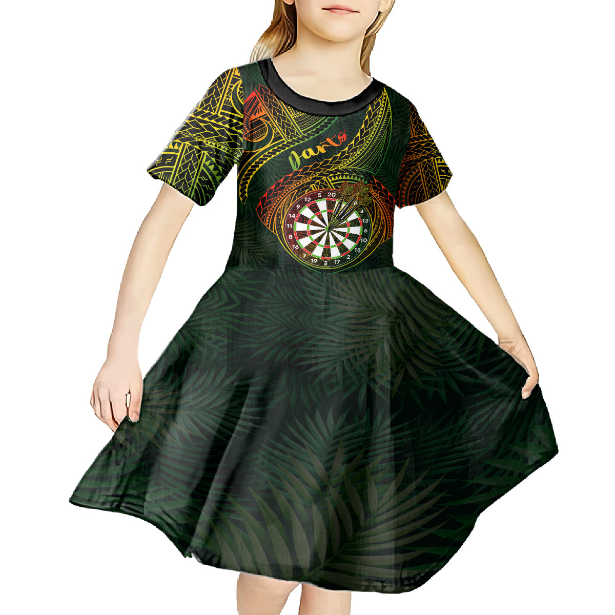 Personalised Polynesian Darts Kid Short Sleeve Dress Dart Lovers Tribal Pattern Mix Tropical Leaves - Wonder Print Shop