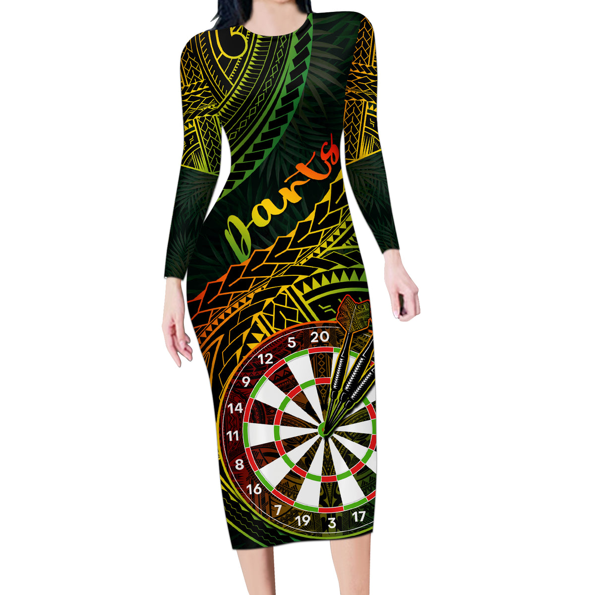 Personalised Polynesian Darts Long Sleeve Bodycon Dress Dart Lovers Tribal Pattern Mix Tropical Leaves - Wonder Print Shop