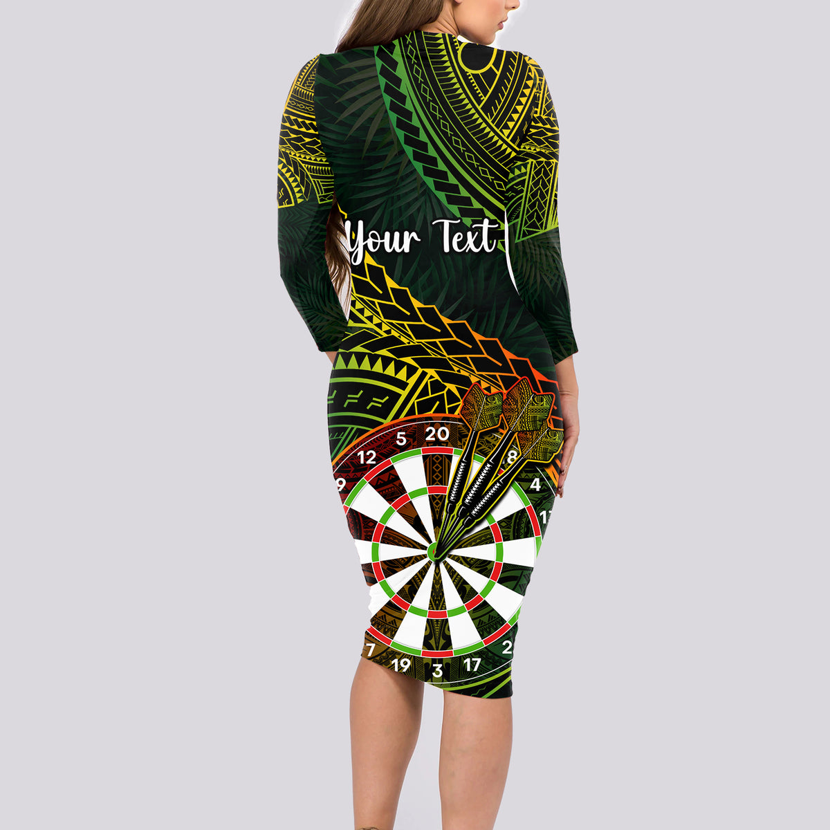 Personalised Polynesian Darts Long Sleeve Bodycon Dress Dart Lovers Tribal Pattern Mix Tropical Leaves - Wonder Print Shop