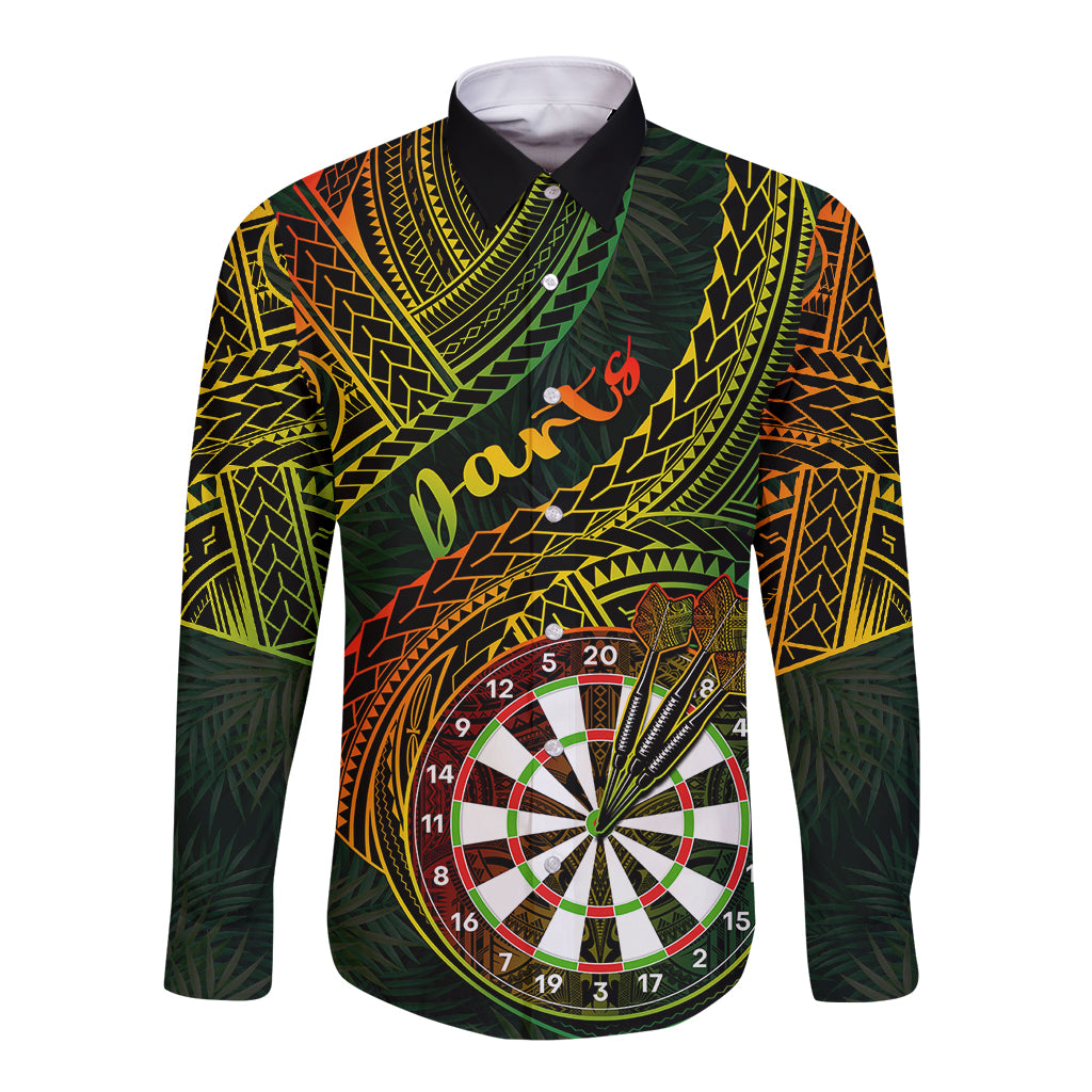 Personalised Polynesian Darts Long Sleeve Button Shirt Dart Lovers Tribal Pattern Mix Tropical Leaves - Wonder Print Shop