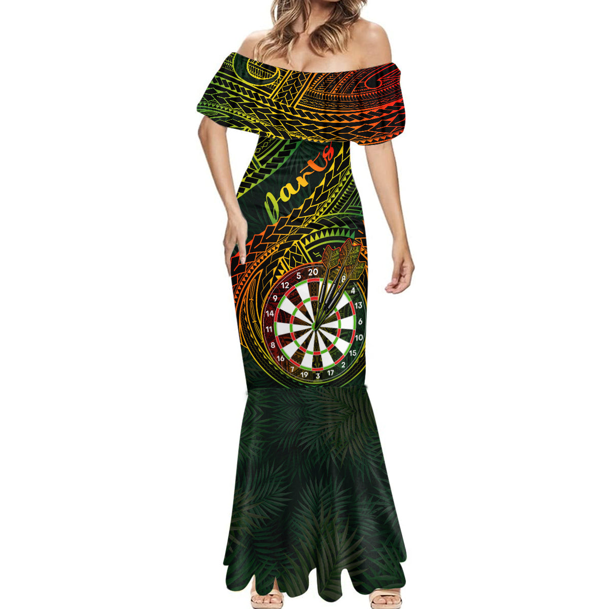 Personalised Polynesian Darts Mermaid Dress Dart Lovers Tribal Pattern Mix Tropical Leaves - Wonder Print Shop