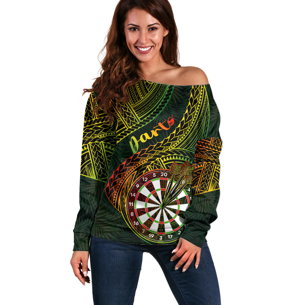 Personalised Polynesian Darts Off Shoulder Sweater Dart Lovers Tribal Pattern Mix Tropical Leaves - Wonder Print Shop