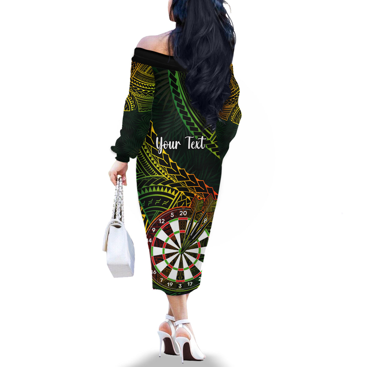 Personalised Polynesian Darts Off The Shoulder Long Sleeve Dress Dart Lovers Tribal Pattern Mix Tropical Leaves - Wonder Print Shop