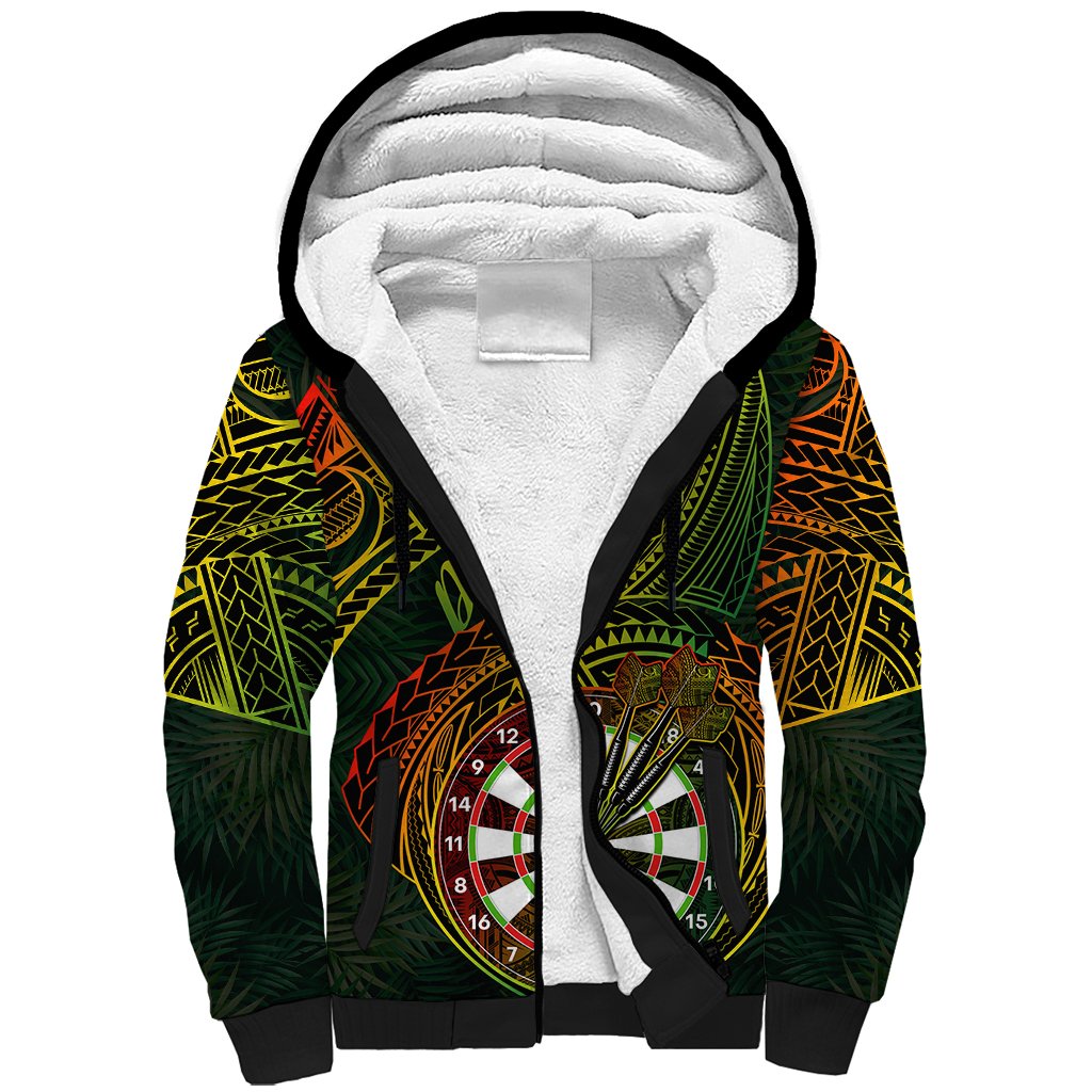 Personalised Polynesian Darts Sherpa Hoodie Dart Lovers Tribal Pattern Mix Tropical Leaves - Wonder Print Shop