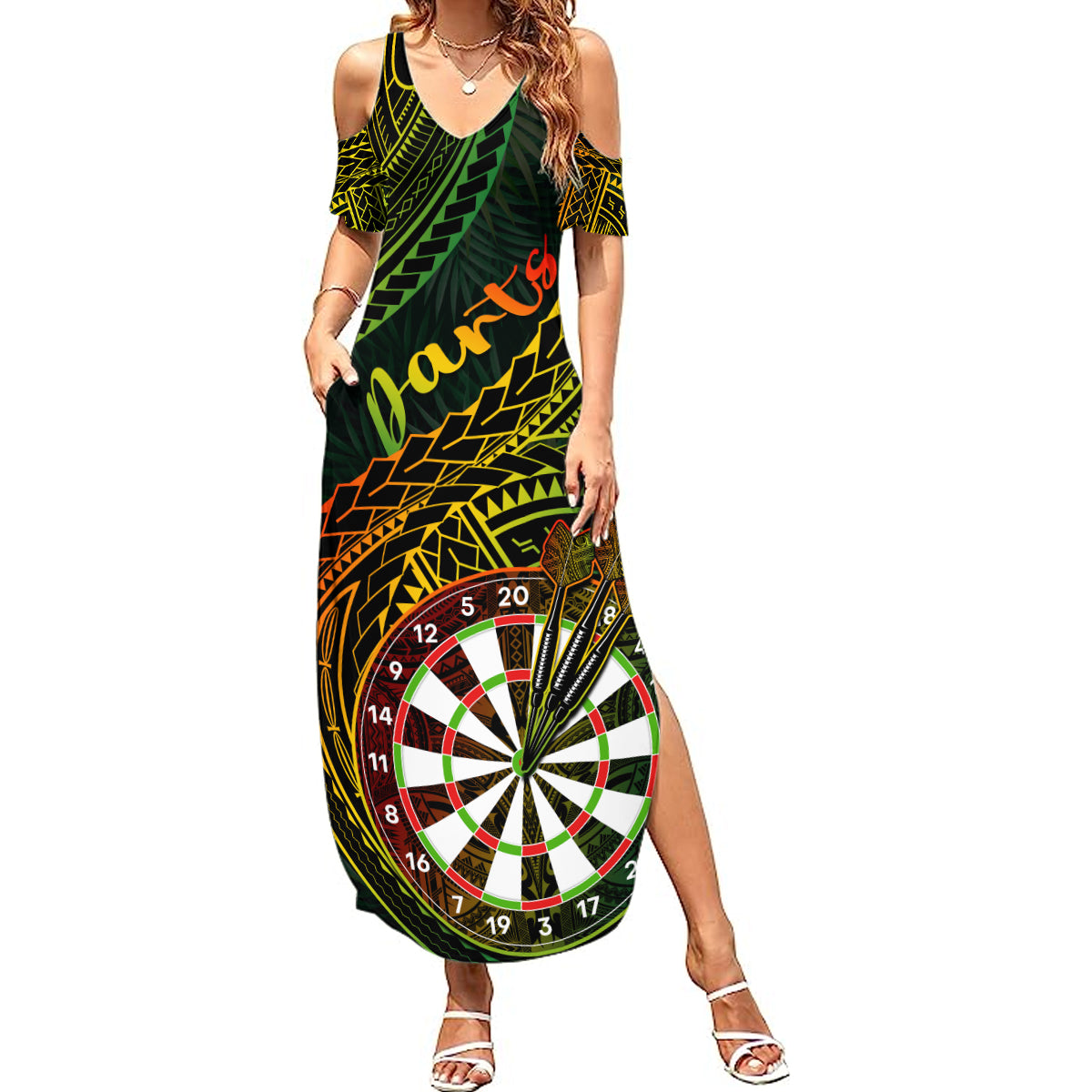 Personalised Polynesian Darts Summer Maxi Dress Dart Lovers Tribal Pattern Mix Tropical Leaves - Wonder Print Shop