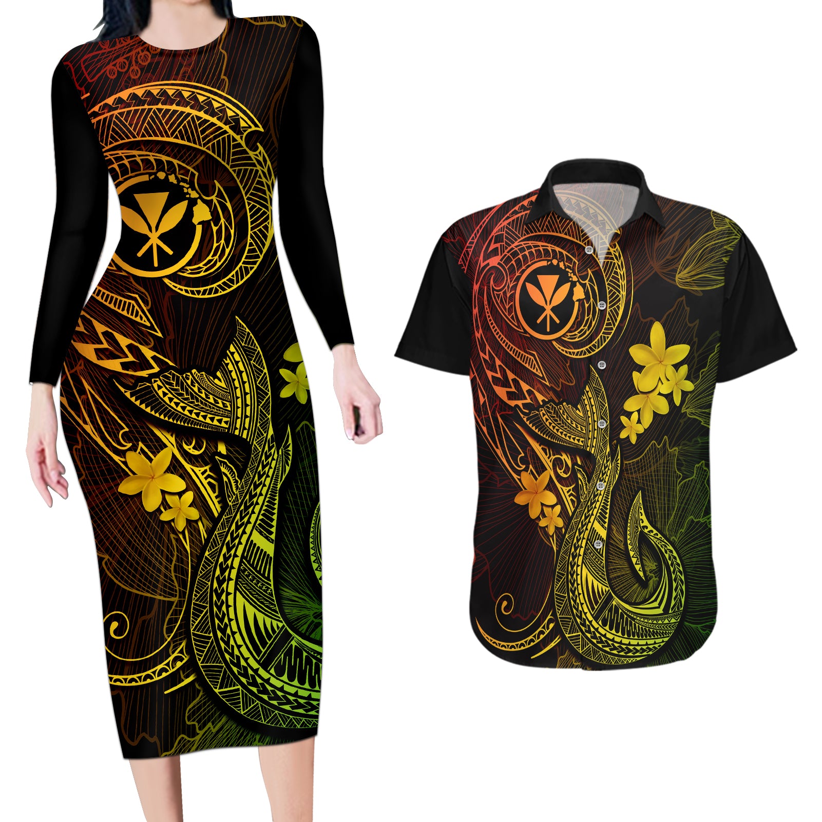 Hawaii Couples Matching Long Sleeve Bodycon Dress and Hawaiian Shirt Fish Hook Tattoo Mix Polynesian Plumeria Reggae Version - Wonder Print Shop