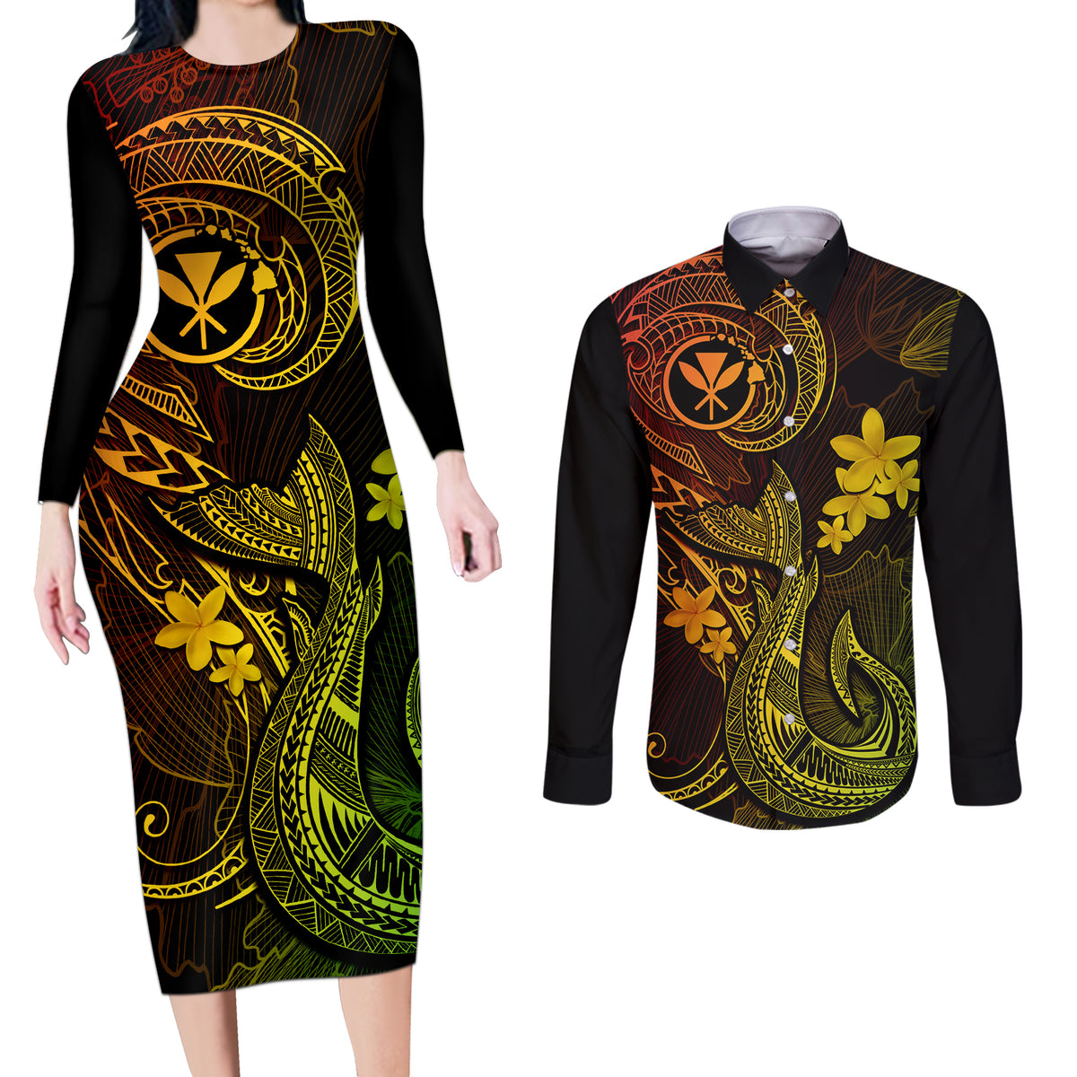 Hawaii Couples Matching Long Sleeve Bodycon Dress and Long Sleeve Button Shirts Fish Hook Tattoo Mix Polynesian Plumeria Reggae Version - Wonder Print Shop