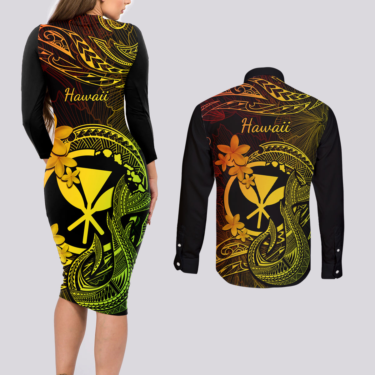 Hawaii Couples Matching Long Sleeve Bodycon Dress and Long Sleeve Button Shirts Fish Hook Tattoo Mix Polynesian Plumeria Reggae Version - Wonder Print Shop