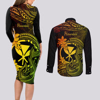 Hawaii Couples Matching Long Sleeve Bodycon Dress and Long Sleeve Button Shirts Fish Hook Tattoo Mix Polynesian Plumeria Reggae Version - Wonder Print Shop