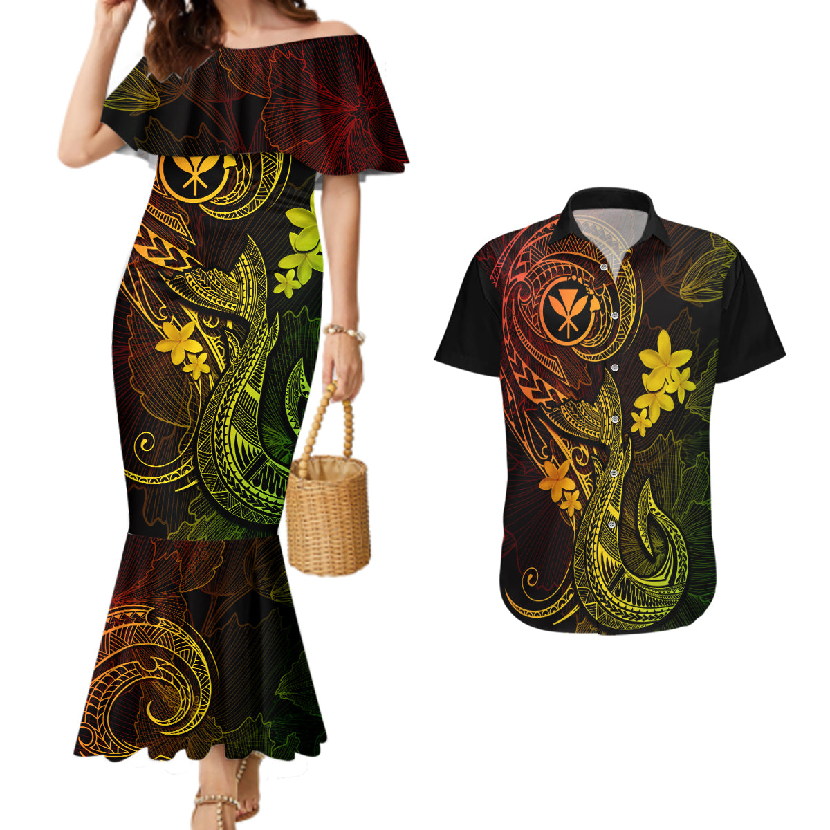 Hawaii Couples Matching Mermaid Dress and Hawaiian Shirt Fish Hook Tattoo Mix Polynesian Plumeria Reggae Version - Wonder Print Shop