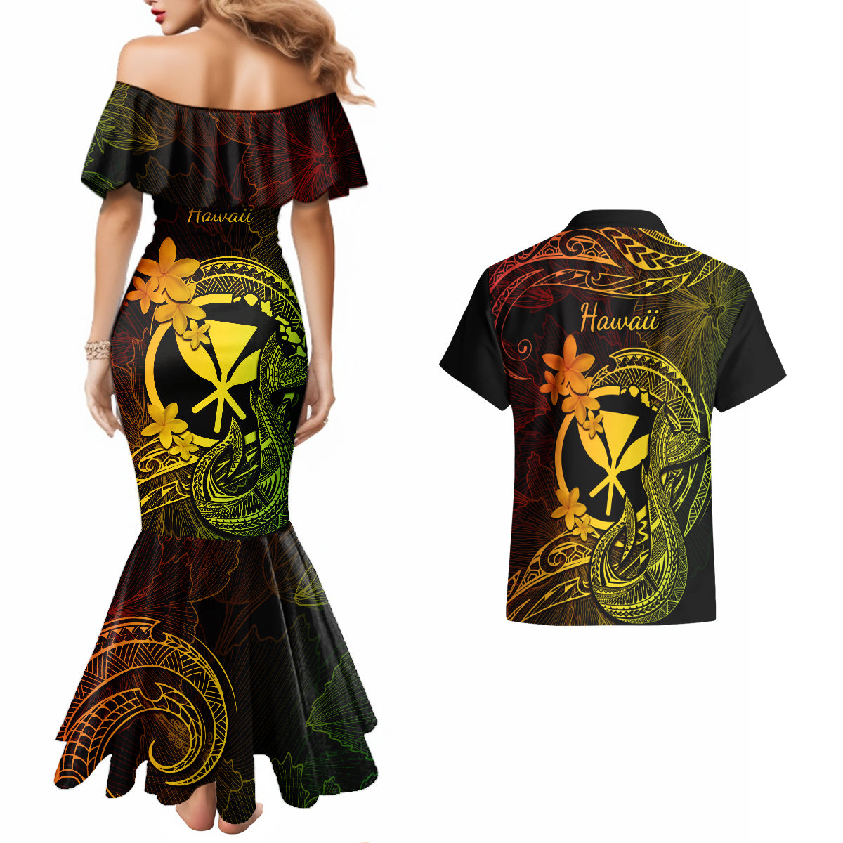 Hawaii Couples Matching Mermaid Dress and Hawaiian Shirt Fish Hook Tattoo Mix Polynesian Plumeria Reggae Version - Wonder Print Shop