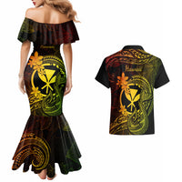 Hawaii Couples Matching Mermaid Dress and Hawaiian Shirt Fish Hook Tattoo Mix Polynesian Plumeria Reggae Version - Wonder Print Shop