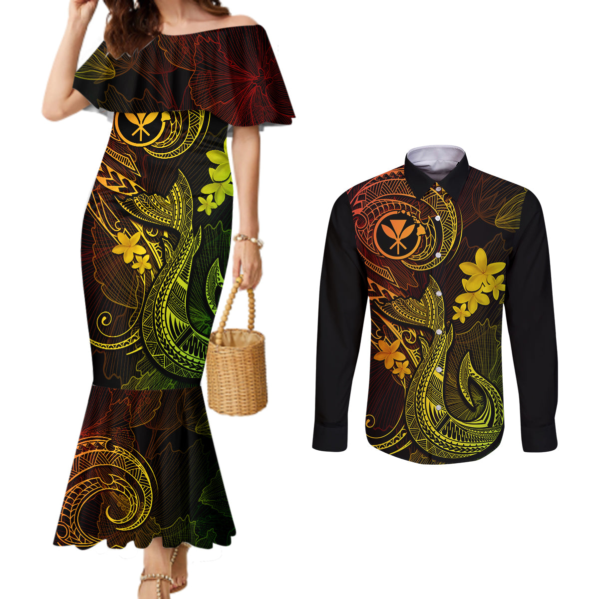 hawaii-couples-matching-mermaid-dress-and-long-sleeve-button-shirts-fish-hook-tattoo-mix-polynesian-plumeria-reggae-version