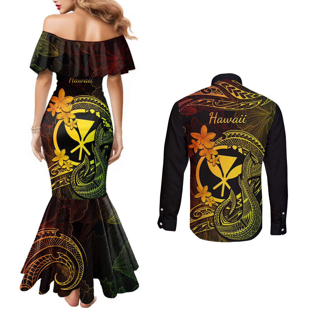 hawaii-couples-matching-mermaid-dress-and-long-sleeve-button-shirts-fish-hook-tattoo-mix-polynesian-plumeria-reggae-version