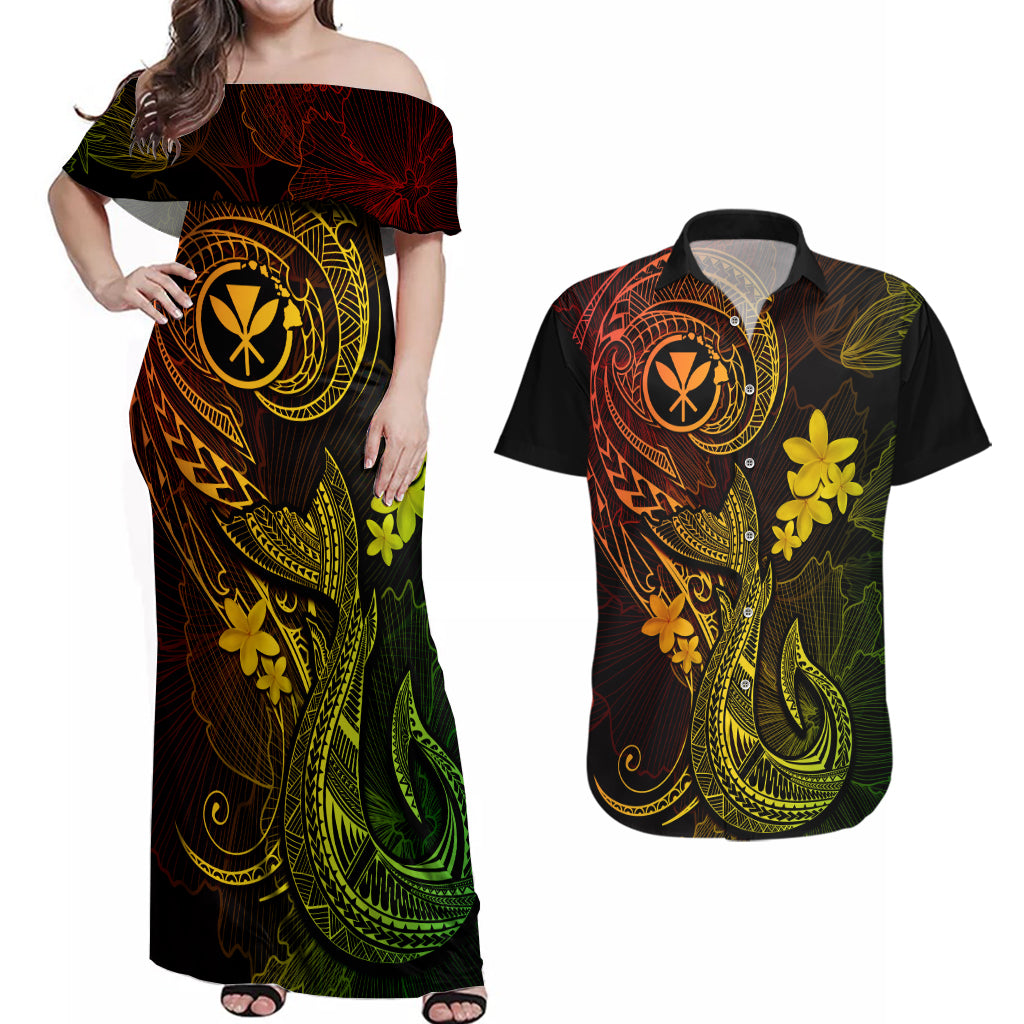Hawaii Couples Matching Off Shoulder Maxi Dress and Hawaiian Shirt Fish Hook Tattoo Mix Polynesian Plumeria Reggae Version - Wonder Print Shop