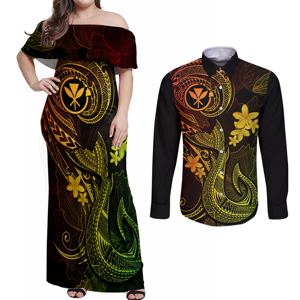 Hawaii Couples Matching Off Shoulder Maxi Dress and Long Sleeve Button Shirts Fish Hook Tattoo Mix Polynesian Plumeria Reggae Version - Wonder Print Shop