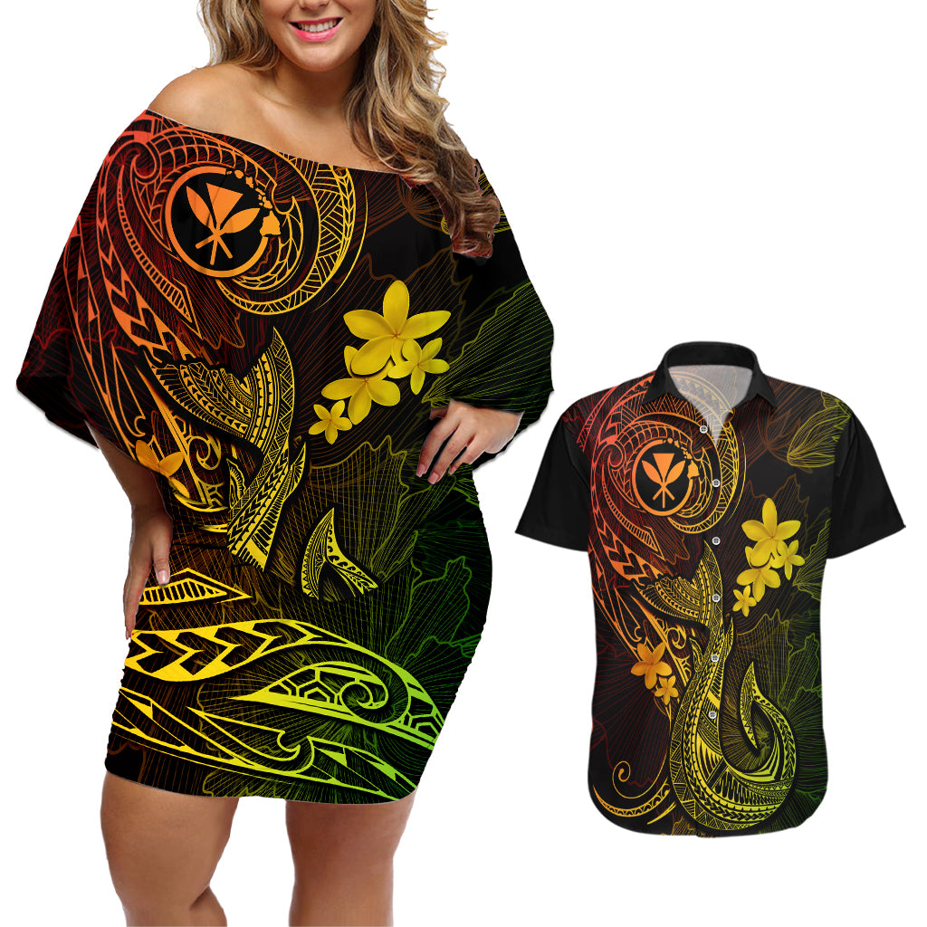 Hawaii Couples Matching Off Shoulder Short Dress and Hawaiian Shirt Fish Hook Tattoo Mix Polynesian Plumeria Reggae Version - Wonder Print Shop