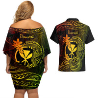 Hawaii Couples Matching Off Shoulder Short Dress and Hawaiian Shirt Fish Hook Tattoo Mix Polynesian Plumeria Reggae Version - Wonder Print Shop