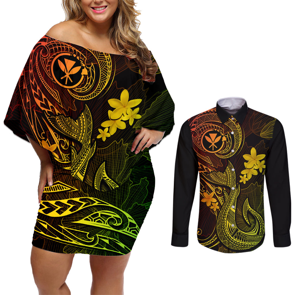 Hawaii Couples Matching Off Shoulder Short Dress and Long Sleeve Button Shirts Fish Hook Tattoo Mix Polynesian Plumeria Reggae Version - Wonder Print Shop