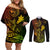 Hawaii Couples Matching Off Shoulder Short Dress and Long Sleeve Button Shirts Fish Hook Tattoo Mix Polynesian Plumeria Reggae Version - Wonder Print Shop