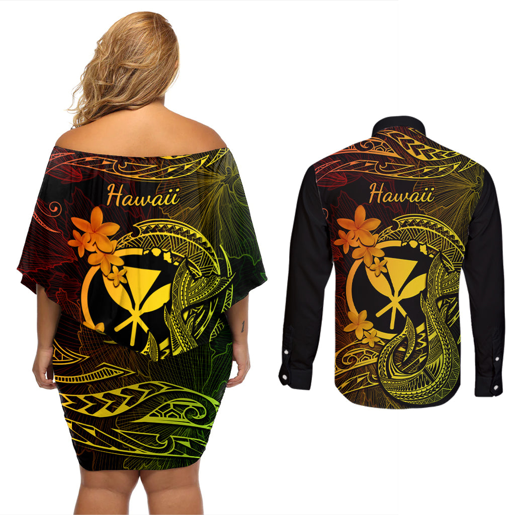 Hawaii Couples Matching Off Shoulder Short Dress and Long Sleeve Button Shirts Fish Hook Tattoo Mix Polynesian Plumeria Reggae Version - Wonder Print Shop