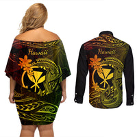 Hawaii Couples Matching Off Shoulder Short Dress and Long Sleeve Button Shirts Fish Hook Tattoo Mix Polynesian Plumeria Reggae Version - Wonder Print Shop