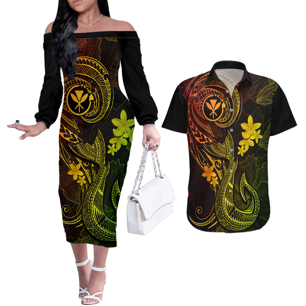 Hawaii Couples Matching Off The Shoulder Long Sleeve Dress and Hawaiian Shirt Fish Hook Tattoo Mix Polynesian Plumeria Reggae Version - Wonder Print Shop