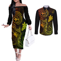 hawaii-couples-matching-off-the-shoulder-long-sleeve-dress-and-long-sleeve-button-shirts-fish-hook-tattoo-mix-polynesian-plumeria-reggae-version