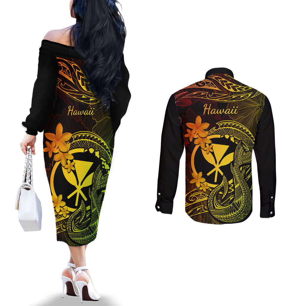 hawaii-couples-matching-off-the-shoulder-long-sleeve-dress-and-long-sleeve-button-shirts-fish-hook-tattoo-mix-polynesian-plumeria-reggae-version