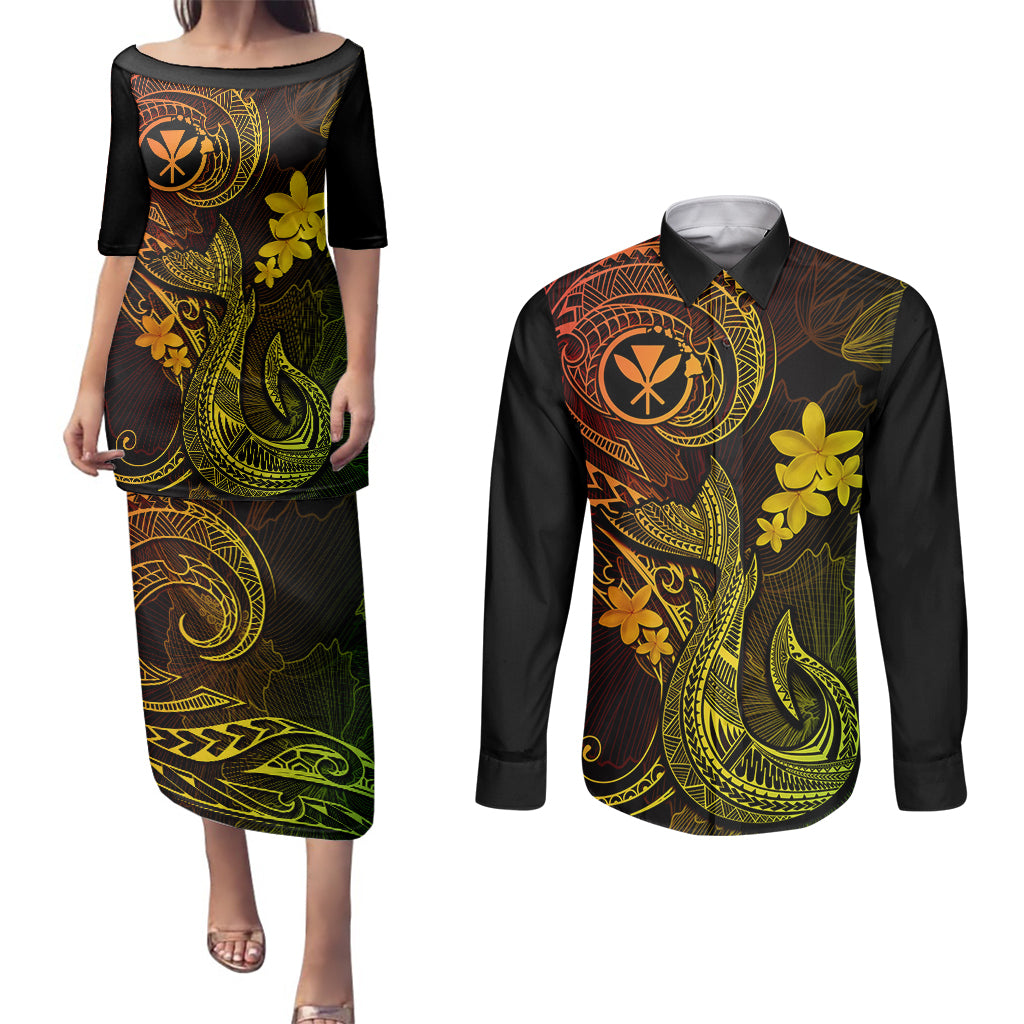 Hawaii Couples Matching Puletasi Dress and Long Sleeve Button Shirts Fish Hook Tattoo Mix Polynesian Plumeria Reggae Version - Wonder Print Shop
