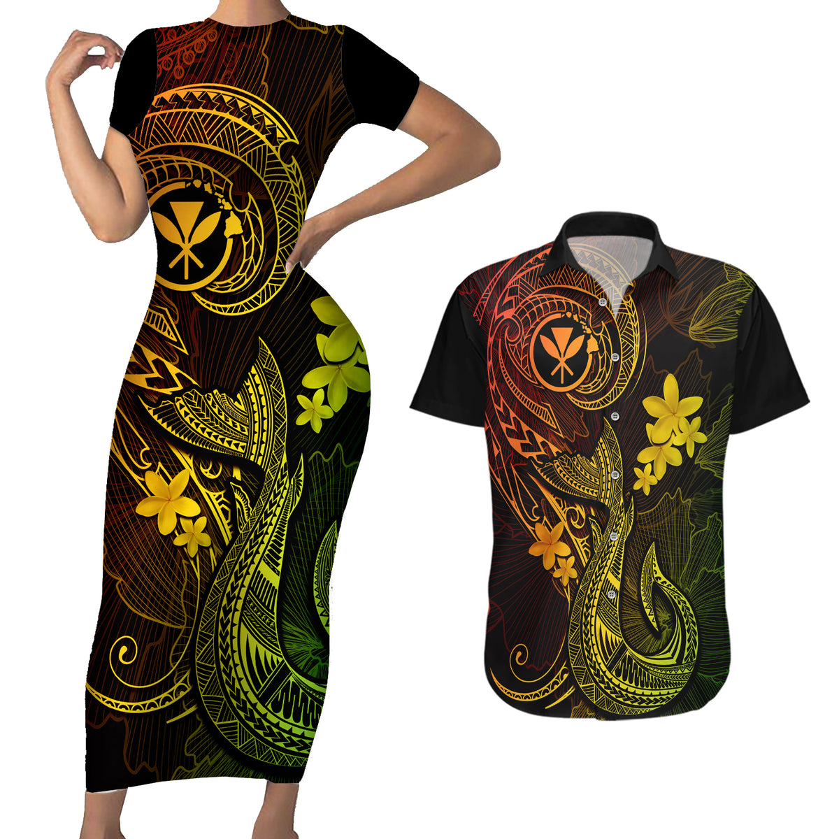 Hawaii Couples Matching Short Sleeve Bodycon Dress and Hawaiian Shirt Fish Hook Tattoo Mix Polynesian Plumeria Reggae Version - Wonder Print Shop