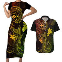 Hawaii Couples Matching Short Sleeve Bodycon Dress and Hawaiian Shirt Fish Hook Tattoo Mix Polynesian Plumeria Reggae Version - Wonder Print Shop