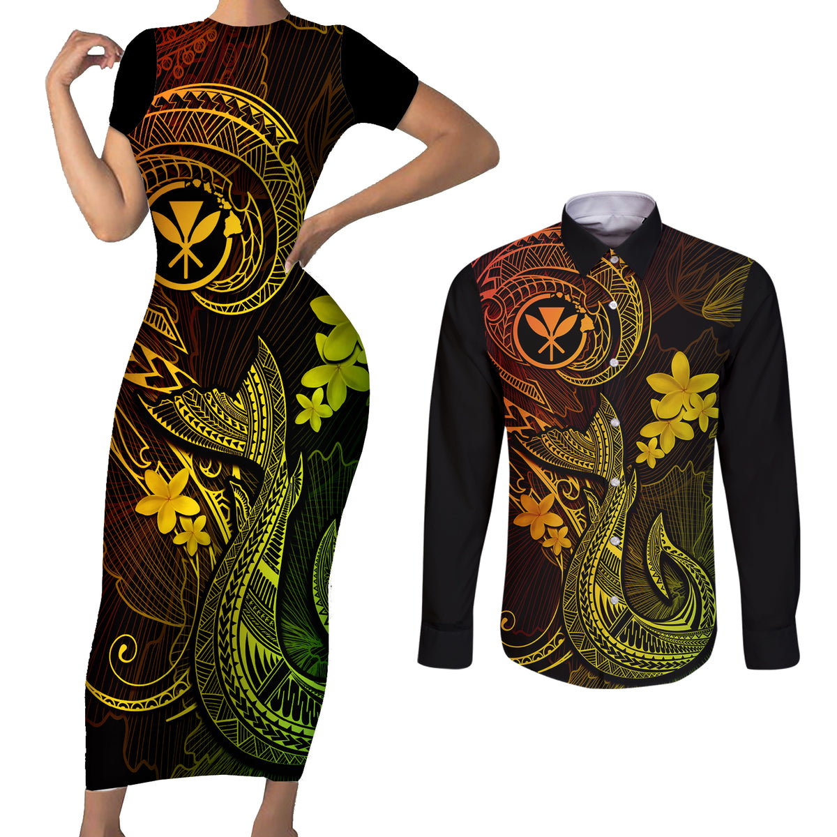 Hawaii Couples Matching Short Sleeve Bodycon Dress and Long Sleeve Button Shirts Fish Hook Tattoo Mix Polynesian Plumeria Reggae Version - Wonder Print Shop