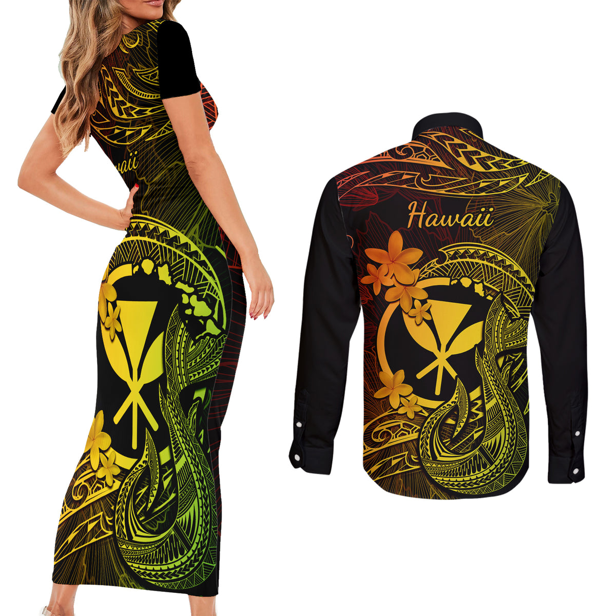 Hawaii Couples Matching Short Sleeve Bodycon Dress and Long Sleeve Button Shirts Fish Hook Tattoo Mix Polynesian Plumeria Reggae Version - Wonder Print Shop