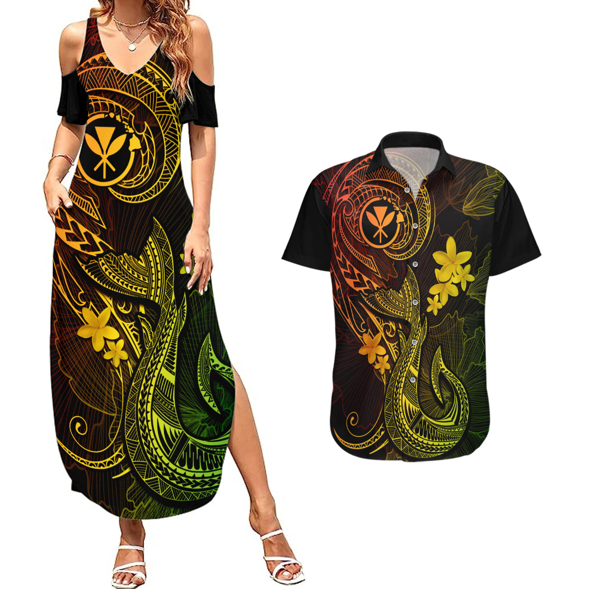 Hawaii Couples Matching Summer Maxi Dress and Hawaiian Shirt Fish Hook Tattoo Mix Polynesian Plumeria Reggae Version - Wonder Print Shop