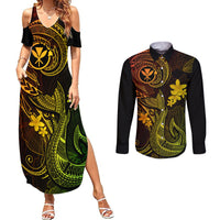 Hawaii Couples Matching Summer Maxi Dress and Long Sleeve Button Shirts Fish Hook Tattoo Mix Polynesian Plumeria Reggae Version - Wonder Print Shop
