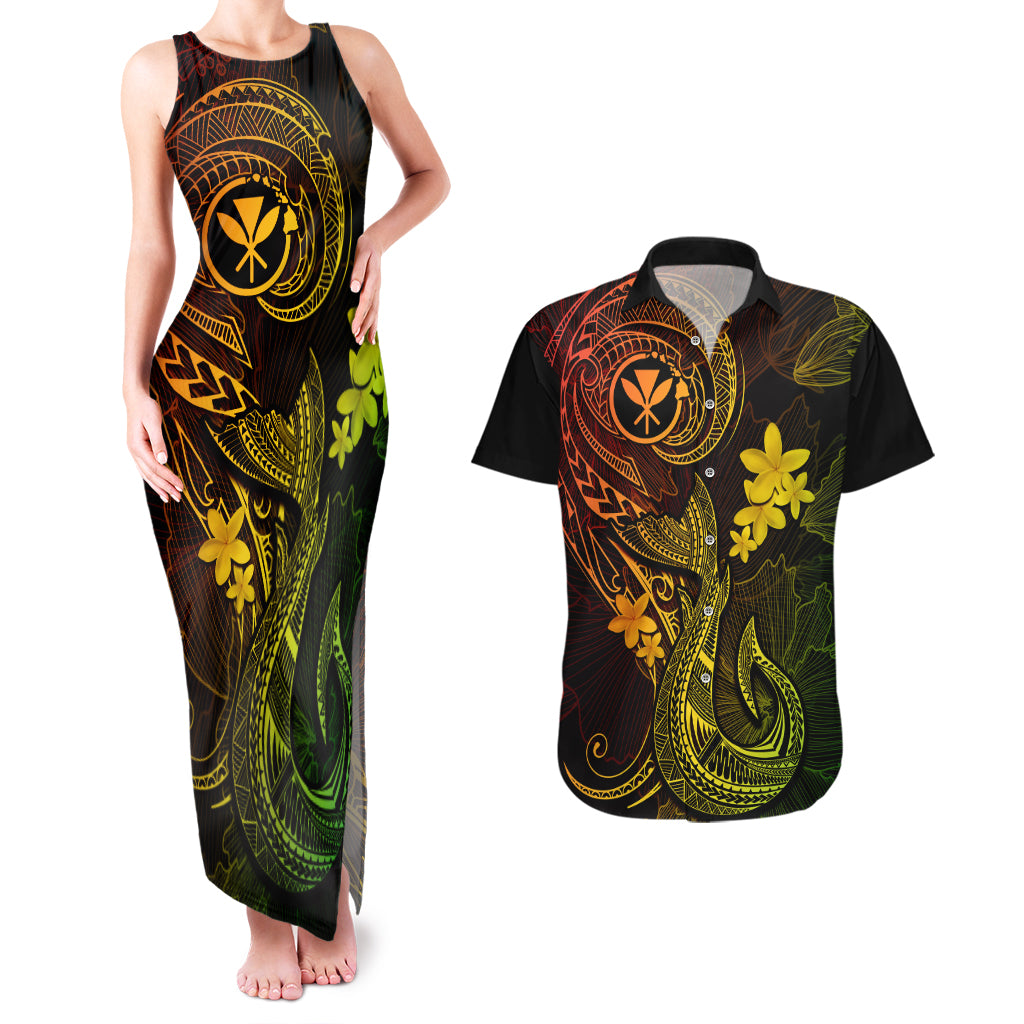 Hawaii Couples Matching Tank Maxi Dress and Hawaiian Shirt Fish Hook Tattoo Mix Polynesian Plumeria Reggae Version - Wonder Print Shop