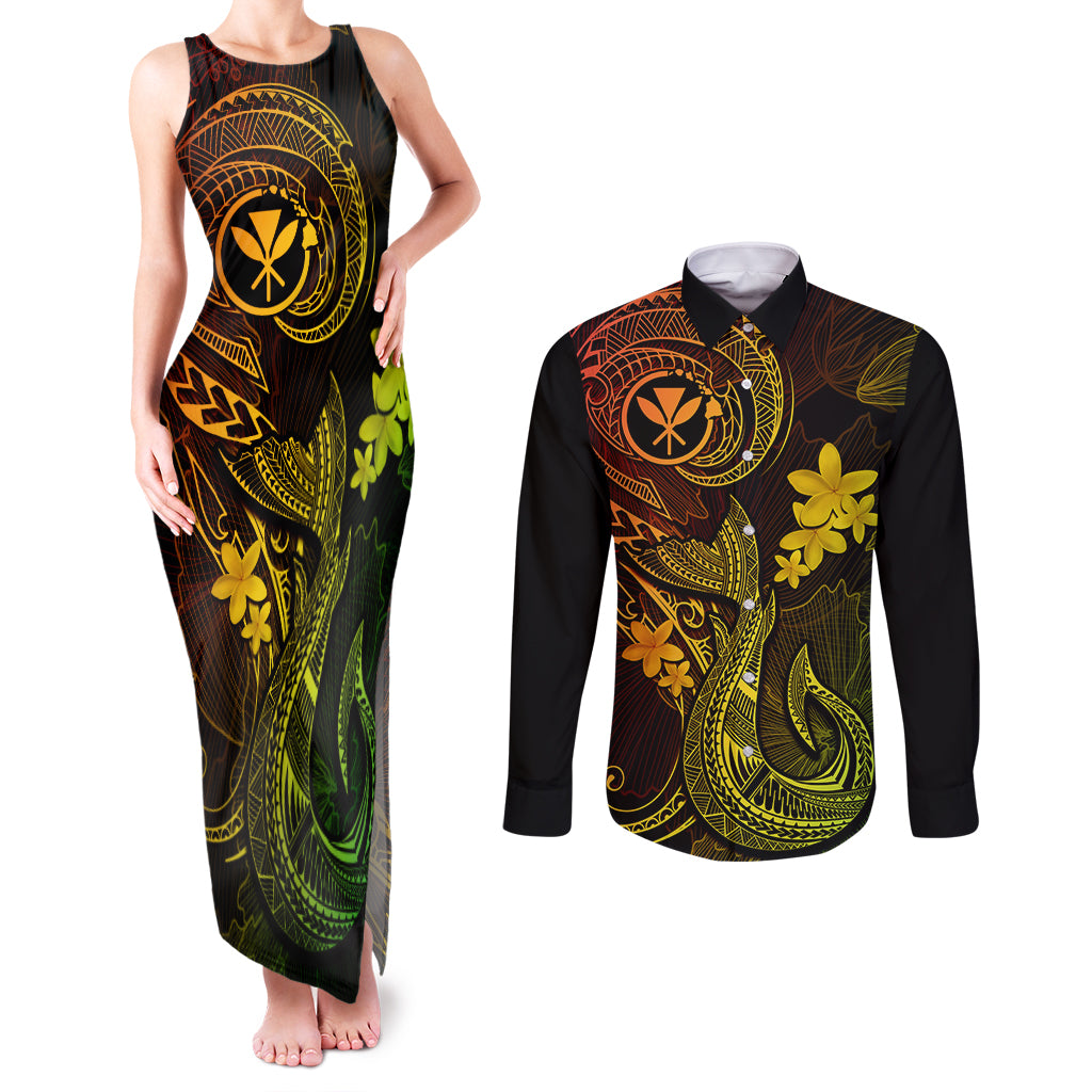 Hawaii Couples Matching Tank Maxi Dress and Long Sleeve Button Shirts Fish Hook Tattoo Mix Polynesian Plumeria Reggae Version - Wonder Print Shop