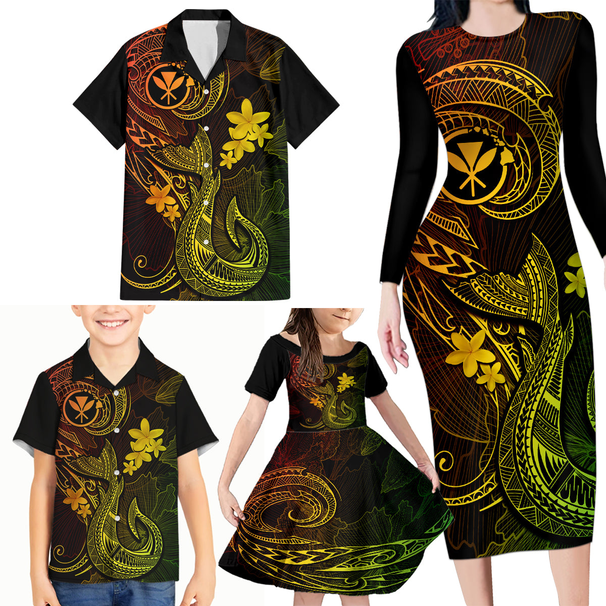 Hawaii Family Matching Long Sleeve Bodycon Dress and Hawaiian Shirt Fish Hook Tattoo Mix Polynesian Plumeria Reggae Version - Wonder Print Shop