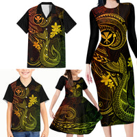 Hawaii Family Matching Long Sleeve Bodycon Dress and Hawaiian Shirt Fish Hook Tattoo Mix Polynesian Plumeria Reggae Version - Wonder Print Shop