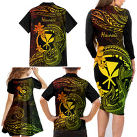 Hawaii Family Matching Long Sleeve Bodycon Dress and Hawaiian Shirt Fish Hook Tattoo Mix Polynesian Plumeria Reggae Version - Wonder Print Shop