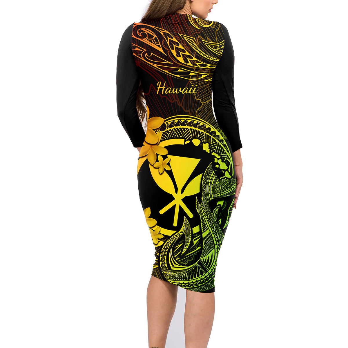 Hawaii Family Matching Long Sleeve Bodycon Dress and Hawaiian Shirt Fish Hook Tattoo Mix Polynesian Plumeria Reggae Version - Wonder Print Shop