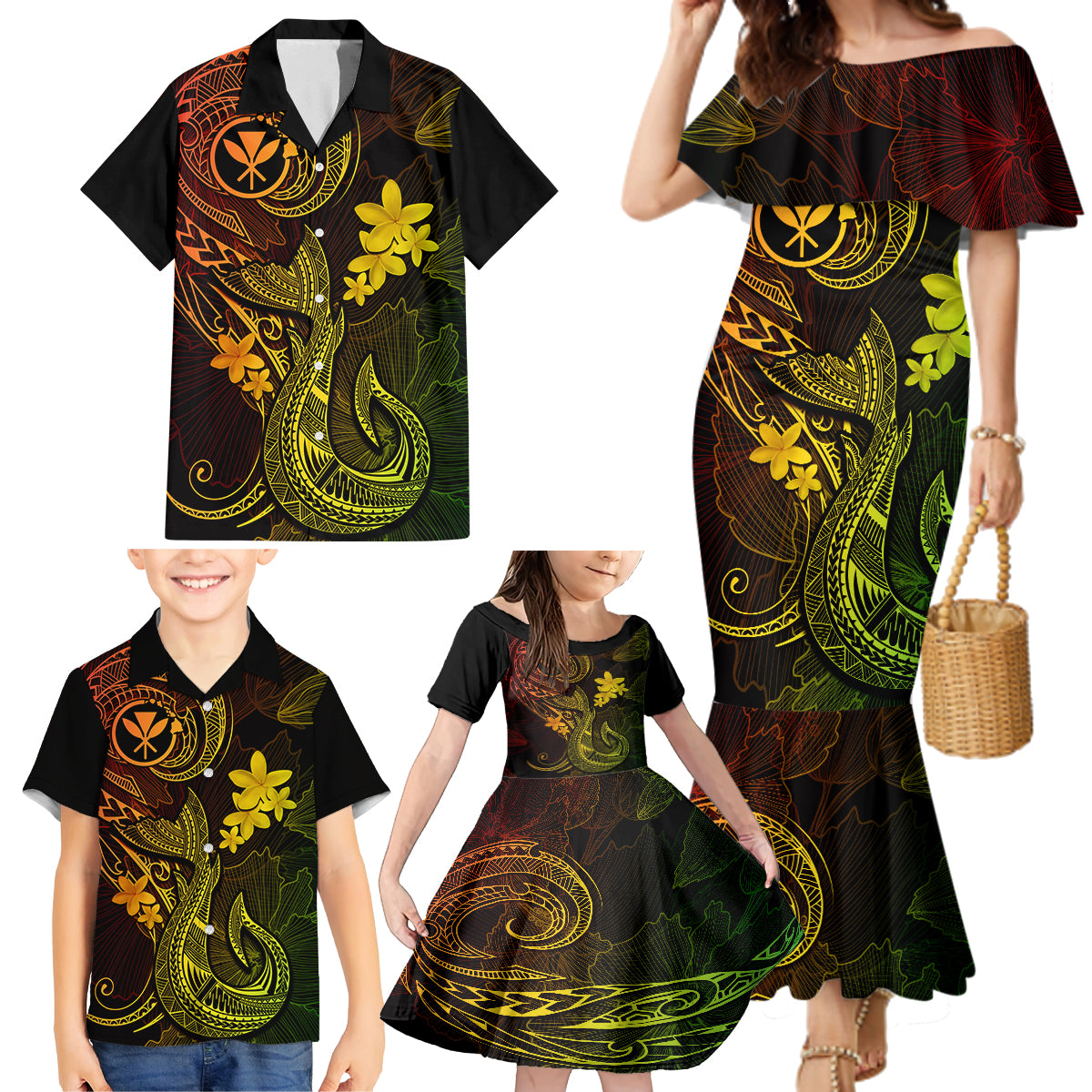 Hawaii Family Matching Mermaid Dress and Hawaiian Shirt Fish Hook Tattoo Mix Polynesian Plumeria Reggae Version - Wonder Print Shop
