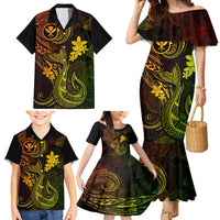 Hawaii Family Matching Mermaid Dress and Hawaiian Shirt Fish Hook Tattoo Mix Polynesian Plumeria Reggae Version - Wonder Print Shop