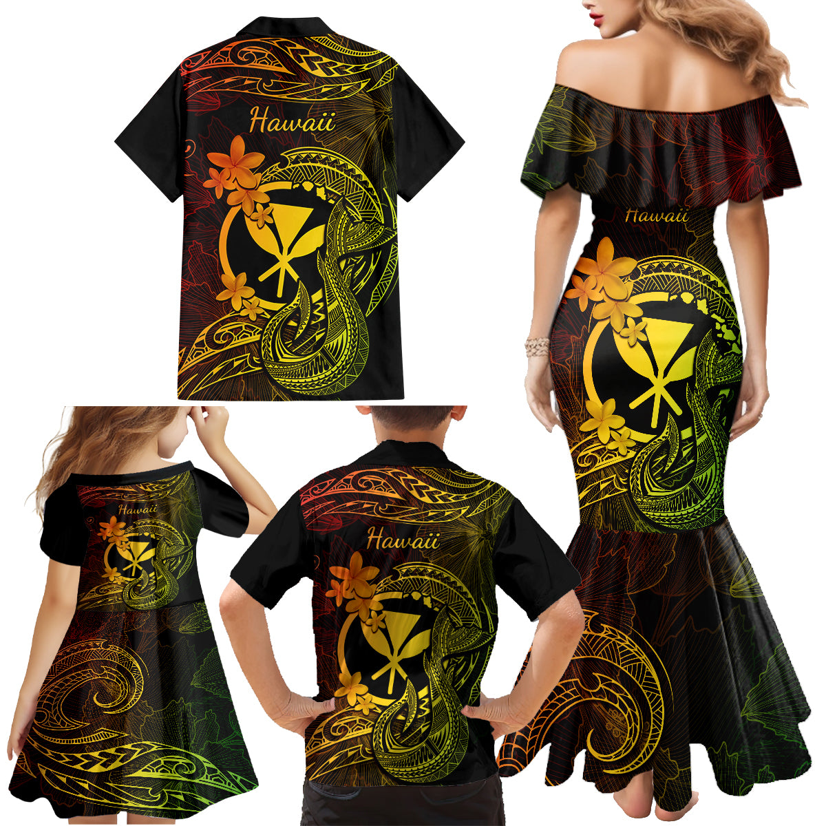 Hawaii Family Matching Mermaid Dress and Hawaiian Shirt Fish Hook Tattoo Mix Polynesian Plumeria Reggae Version - Wonder Print Shop